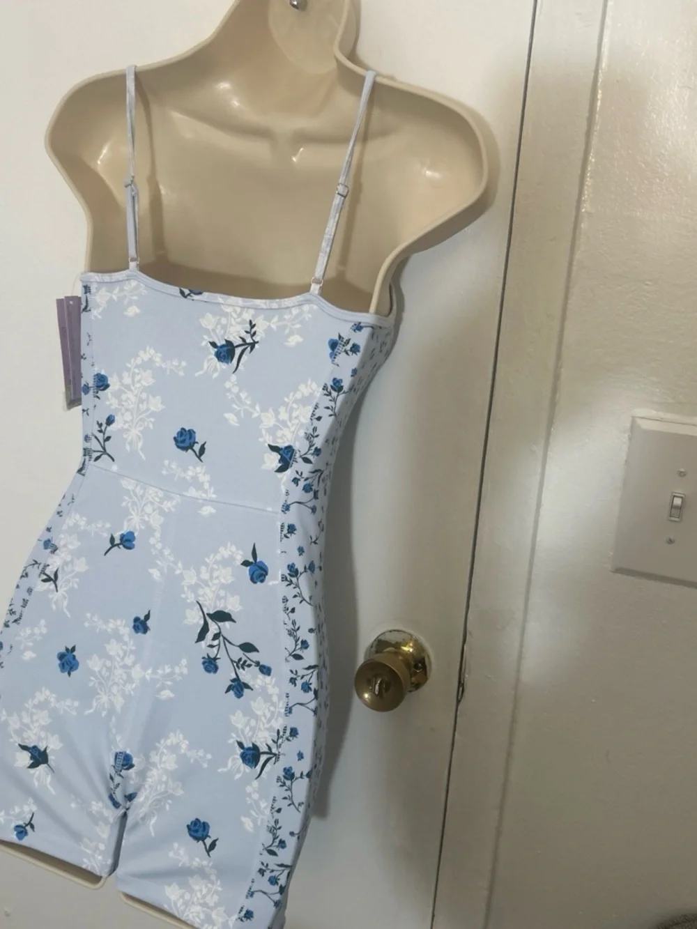 wild fable Light Blue Floral Lace-Trim Bodysuit Romper with Blue Rose Print